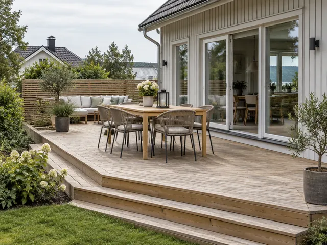Träaltan vid modern villa med sittgrupp